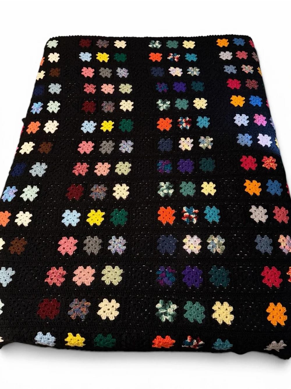 Vintage Hand-Crocheted Afghan Black With Multicolor Granny Squares 65” x 75”
